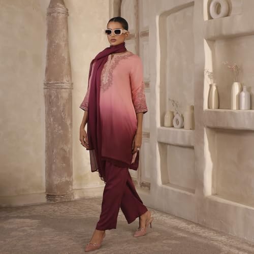 Biba Women Peach Viscose Blend Straight Suit Set_32