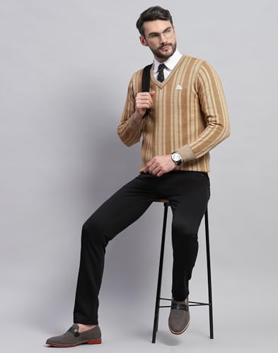 Monte Carlo Mens Striped Beige V Neck Full Sleeve Pullover Sweater (1243196VN-2-44)