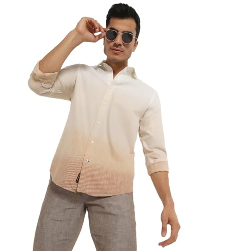blackberrys Men?s Linen Casual Beige Printed India Slim Fit (Slim Comfort) Shirt | Soft Tone Printed Linen Shirt with Collar | Casual Styling | Size 42, Color Beige