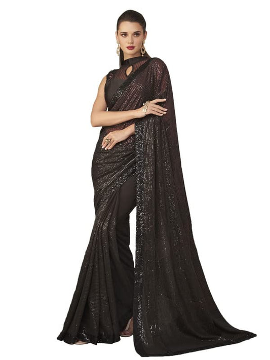 Satrani Women'S Georgette Sequence Embroidery Work & Lace Saree With Unstitched Blouse Piece(2750S2273N_Brown & Black)