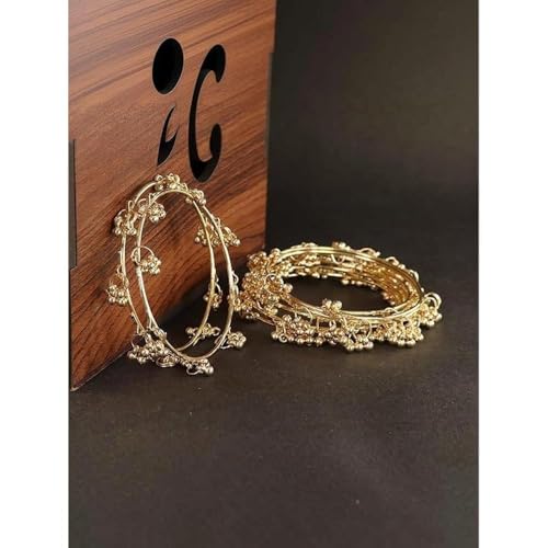 SAMC Women Golden Plated Ghungroo Bangle Set | Set of 8 Pieces | Kashmiri Style Design | Slip On Closure | Festive Wrist Jewellery Women