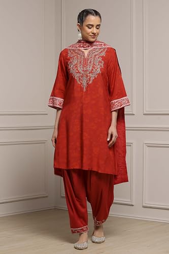 Biba Women Burnt Orange Viscose Blend Straight Printed Suit Set_32