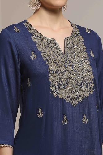 Biba Women Blue Viscose Rayon Straight Solid Suit Set_40