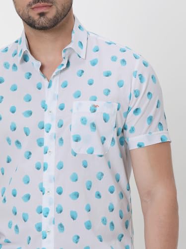 MUFTI Men Casual Shirt | Slim Fit Short Sleeve Spread Collar Polka Dot Design | Lightweight 100% Cotton & Breathable Fabric for Summer, Weekend & Vacation Wear| Bright Turquoise 6XL