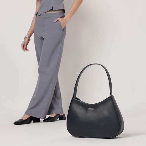Fastrack Curve Shoulder Bag | Black Pebbled Faux-Leather Women’s Handbag | Gold Hardware Finish with Sturdy Handle, Zipper Closure & Organised Storage