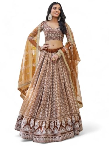 Zeel Clothing Women's Thread Sequins Work Embroidery Net Lehenga Choli with Dupatta (2132-Brown-Wedding-Women-Lehenga-Choli; Free Size)