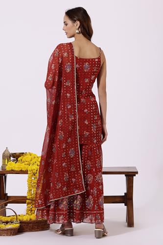 W Red Floral Printed Straight Kurta, Sharara Pant & Dupatta for Women (Size: M)-24AUWS12588-125772