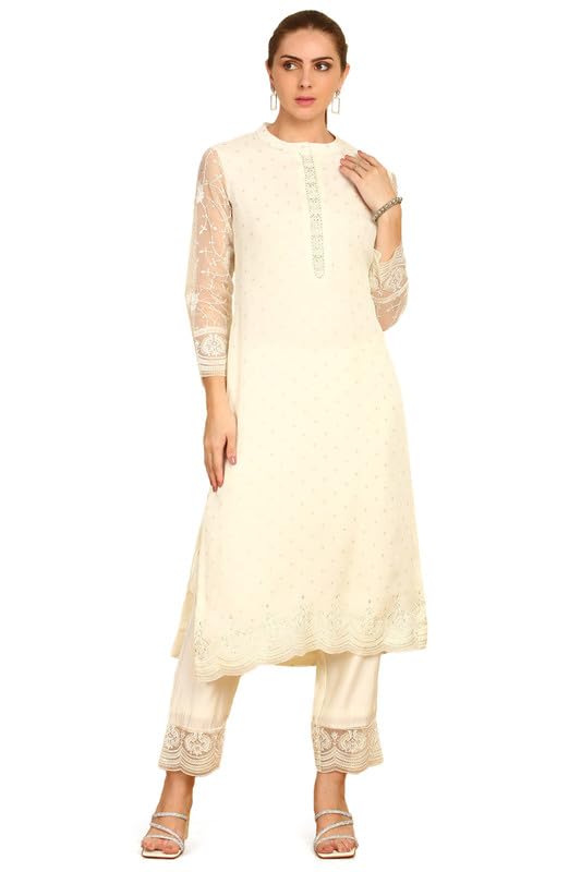 Soch Womens White Sequinned Embellished Brocade Suit Set