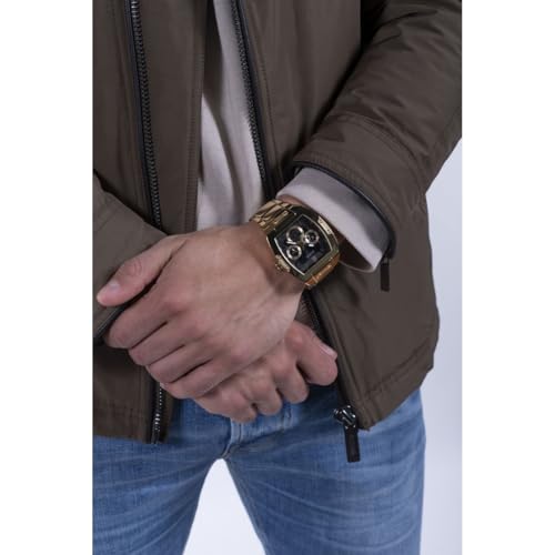GUESS Stainless Steel Phoenix Collection Analog Black Dial Men Watch-Gw0456G1, Gold Band