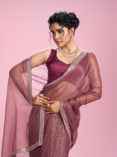 MOHEY Women's Organza Stone Work Saree with Blouse Piece(Purple)