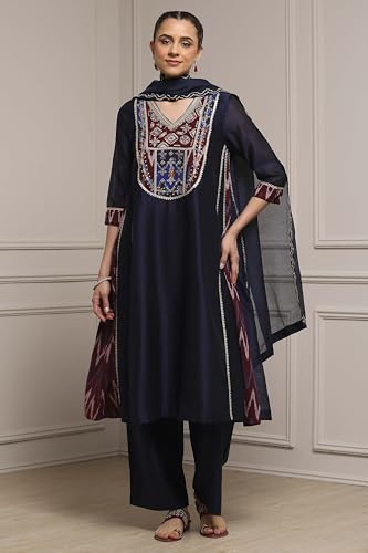 Biba Women Blue Cotton Blend A-Line Printed Suit Set_32