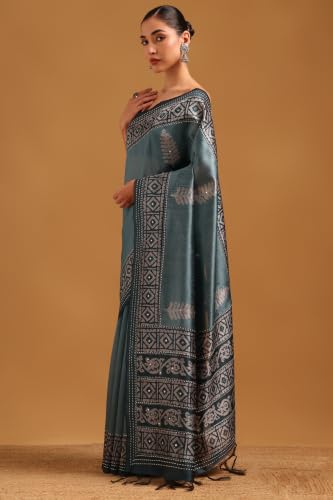 Soch Womens Turquoise Blue Tussar Batik Printed Saree With Mirror Work