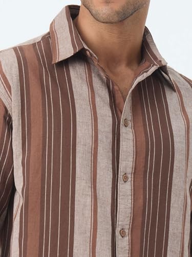 The Souled Store Cotton Linen Stripes: Latte Men and Boys Long Sleeve Spread Collar Brown Striped Casual Easy to Style Everday Office Wear Cotton Linen Shirt