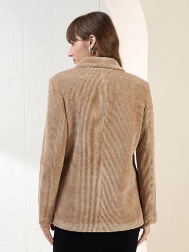 Latin Quarters Women's Brown Full Sleeves Spread Collar Self Design Casual Hip Length Blazer_L