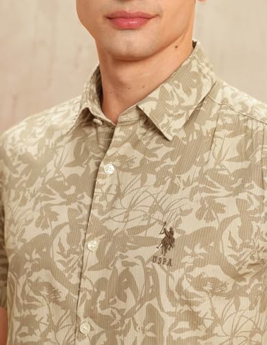 U.S. Polo Assn. Denim Co. Men's Floral Slim Fit Shirt (UDSHT1851_Khaki