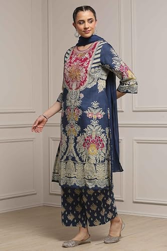 Biba Women Blue Cotton Straight Printed Suit Set_34