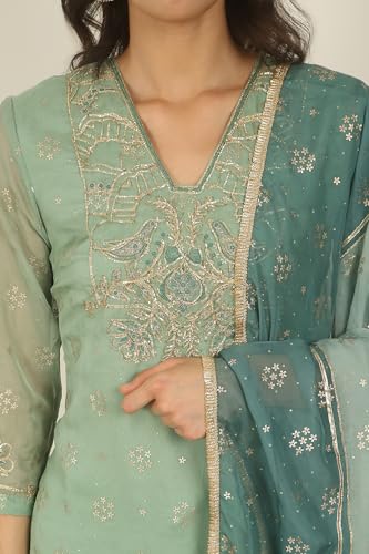 W for Woman Solid Embroidered Straight Organza Suble Green Kurta, Pant and Dupatta Set (Size: 2XL)-24AUWS11709-124502