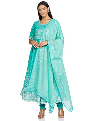 BIBA WOMEN PRINTED FITTED SALWAR KURTA DUPATTA(SKDSHWETH S7820_TURQUOISE_34)