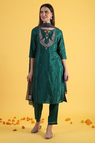W for Woman Green Thread Embroidered Straight Kurta and Pants Set with Dupatta (Size: XL)-WS12310-119954