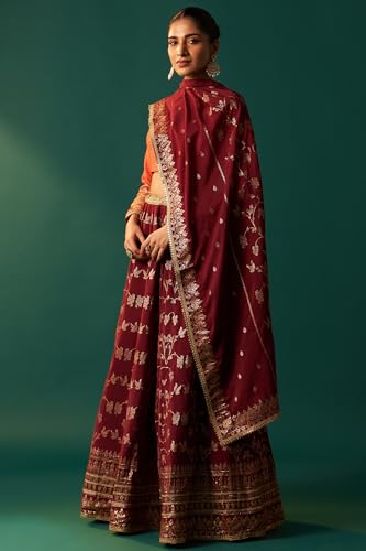 Wishful Women's Orange Zari Embroidered Jacquard Blouse with Flared Maroon Skirt and Dupatta Set (SP13159-314462-XL)
