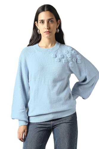 Women Light Blue Embroidered Round Neck Sweater