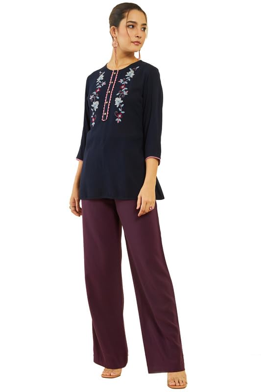 Soch Womens Navy Blue Crepe Floral ThreadWork Embroidered Round-Neck Tunic