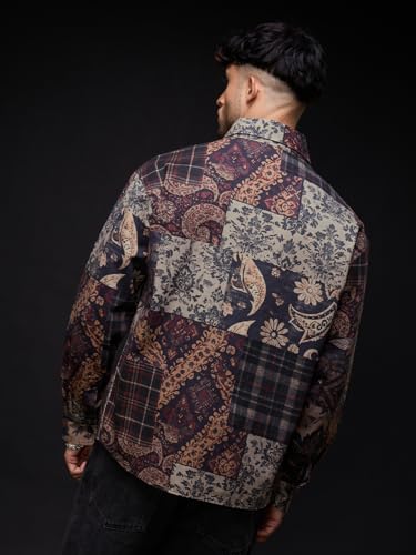 The Souled Store Patch Play Men and Boys Full Sleeves Spread Collar Dark Blue and Beige Patchwork Cotton Oversized Fit Winter-Ready Lightweight Shackets