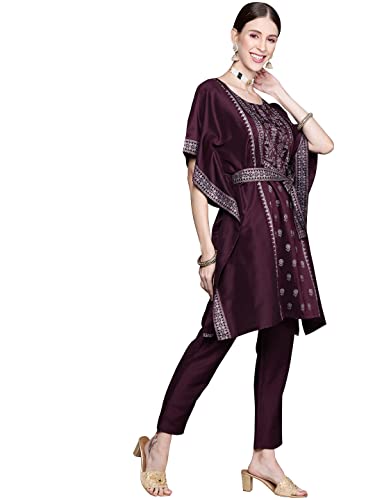 Ziyaa Women's Burgundy Chinon Flared Kurta and Pant Set(ZIKUCH3800ANDPA-XXL)