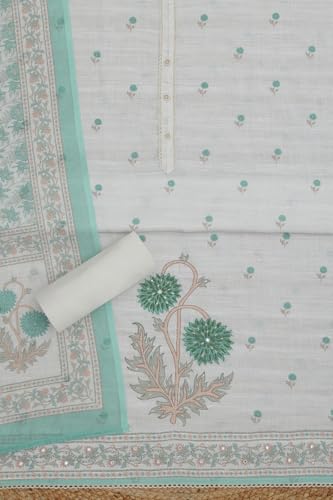 Soch Womens Off White Linen Blend Floral Print Unstitched Dress Material With Beads