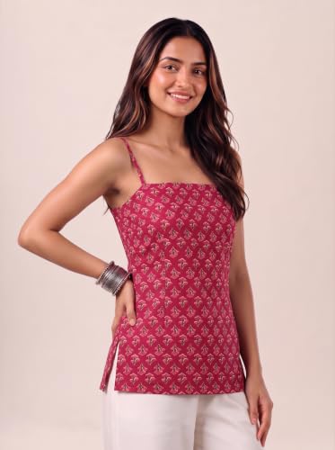 Rangrooh Women's Cotton Sleeveless Kurti | Corset Back Straight Kurta | Printed Ethnic Short Top for Office & Casual Wear - Rose Red