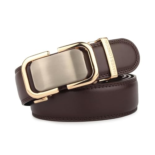 HAYES LONDON Genuine Leather Belt for Men with Auto Lock Ratchet Buckle | No Hole Micro Adjustable Slide Lock Belt | Premium Casual & Office Wear Men’s Belt, (Onesize) Vanguard_Brown_Gold