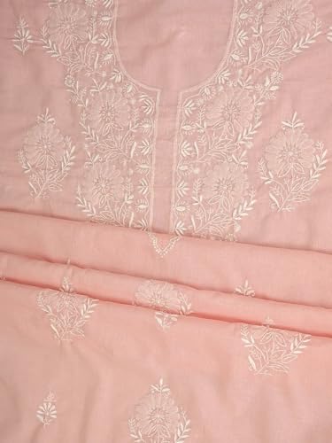Ada Hand Embroidered Lucknowi Chikankari Unstitched Cotton Dress Material Suit Piece with Dupatta for Women 01A762929 Pastel Peach