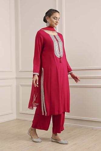 Biba Women's Fuchsia Viscose Rayon Straight Dyed Suit Set