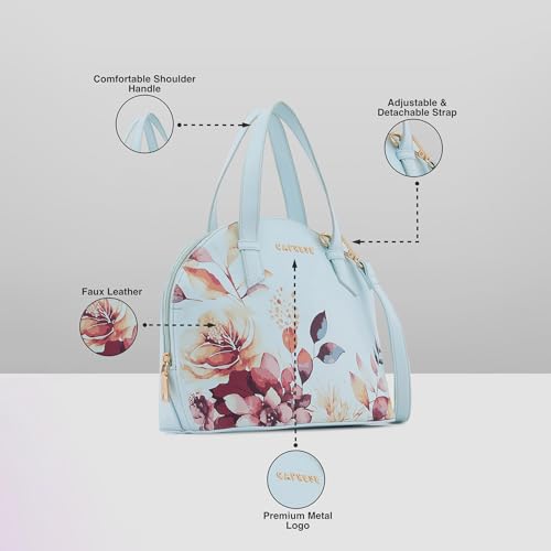 Caprese Alaya Small Satchel Bag for Women | Floral Print Faux Leather Shoulder Bag with Adjustable & Detachable Strap | Versatile Crossbody & Handheld Bag for Work, Travel, and Everyday Use (Blue)