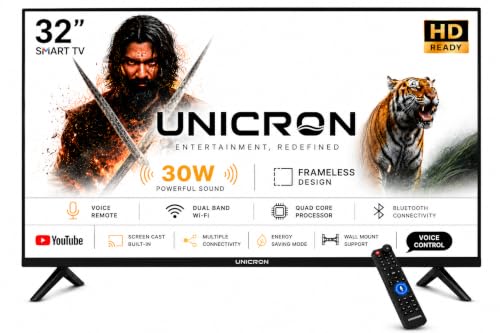 UNICRON 32 Inch Frameless Smart LED TV | Voice Control Android Smart TV | Bluetooth, WiFi, Screen Mirroring | HD Ready Display | HDMI, USB Connectivity | Smart Television for Home | Premium Glass