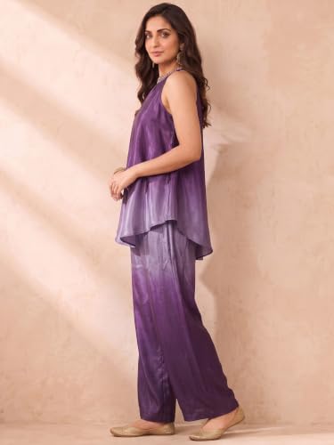 Varanga Women Purple A Line Kurta Set Sleeveless Mirror Work