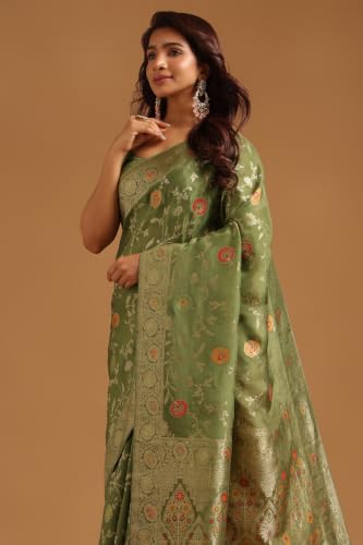 Soch Womens Olive Crepe Botanical Zari Woven Saree
