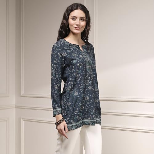 Biba Women Indigo Polyester Straight Printed Kurti_38