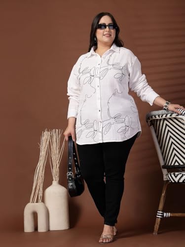 Women Plus Size Abstract Printed Monochrome Cotton Casual Shirt (FSTP23579-WHITE-3XL)
