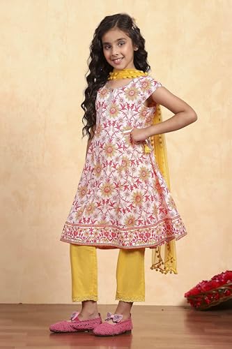 BIBA Girl's White Cotton Flared Printed Suit Set