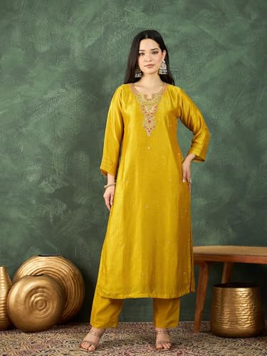 Varanga Women A Gracefully Beaded Yoke Kurta Paired With Solid Trousers And A Matching Dupatta