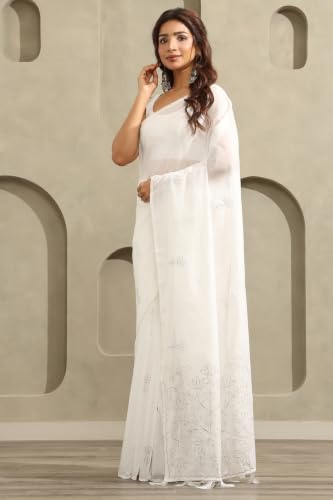 Soch Womens Grey Tussar Botanical Embroidered Saree