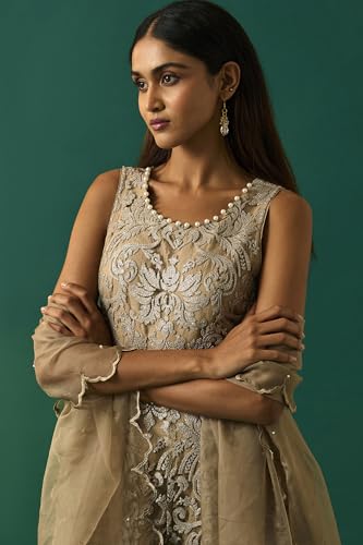 Wishful Women's Beige Embroidered Anarkali Dress with Churidar and Dupatta Set - (SP11508-401099-XL)