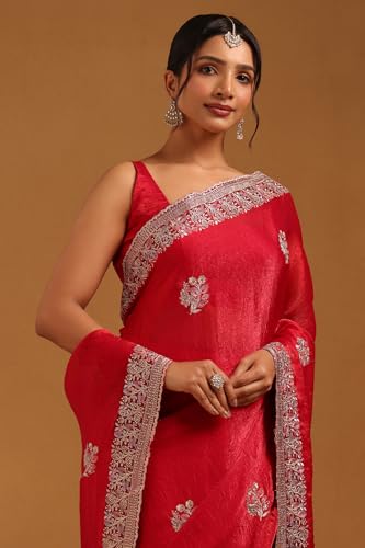 Soch Womens Red Fendy Organza Floral Saree With Stone Work