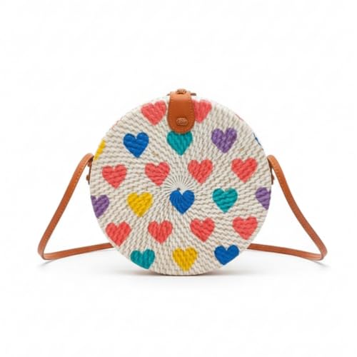MAIRO LIFESTYLE Rattan Cane Straw Wicker Handmade Boho Summer Beach Round Sling Bag (Love Heart)