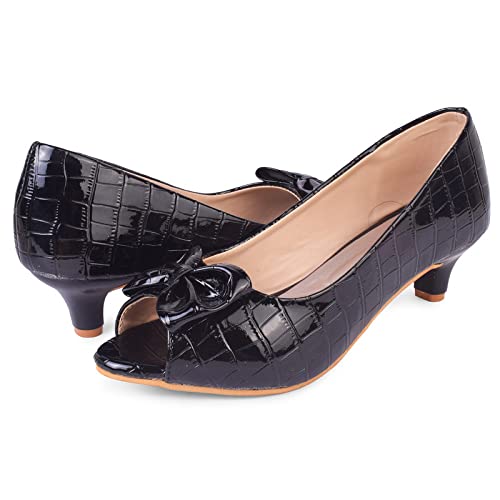 XE Looks Women's Black Patent Peep-Toe Heels | Textured Glossy Finish with Bow Design | Stylish, Comfortable & Trendy Kitten Heel Pumps For Girls & Women
