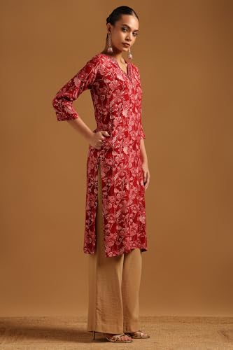 Soch Womens Red Rayon Botanical Print Kurta with Mirror Work