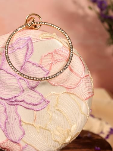 THE TAN CLAN Pink Floral Embroidered Clutch Purse For Women Stylish Bridal Handbag Round Designer Clutch Bag For Women Wedding Ethnic Fancy Purse With Chain And Metal Handle Luxury