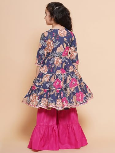 Bitiya By Bhama Girls Blue & Pink Floral Printed Angrakha Pure Cotton Gotta Patti Kurta With Sharara(TKS104)