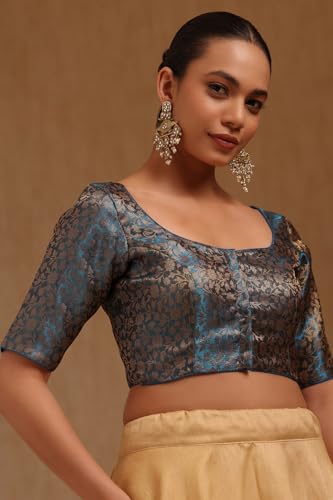 Soch Womens Turquoise Blue Tissue with Zari Woven Padded Blouse